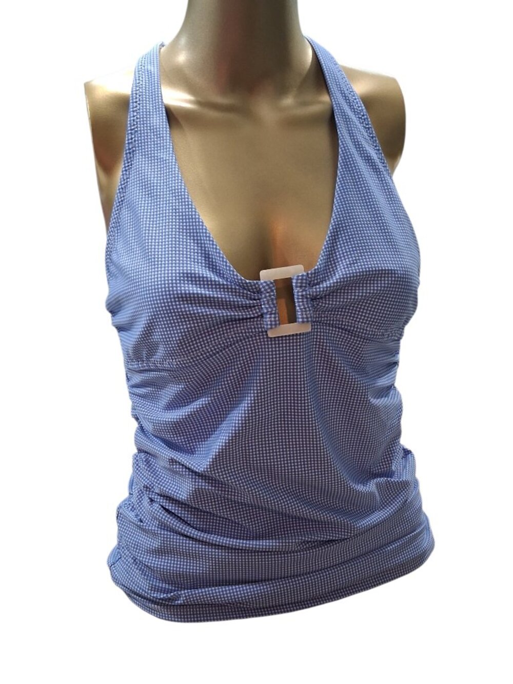 Helen Jon Blue Gingham Print Halter Swim Top Size M